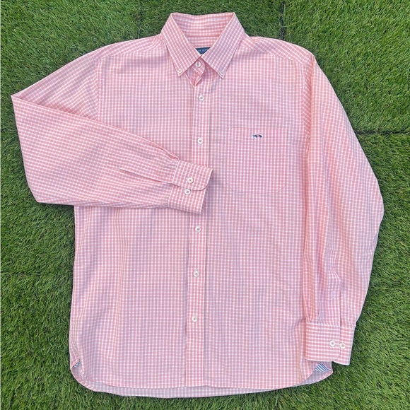 Fish Hippie Men's Long Sleeve Button-Up Shirt, Size M, Plaid, Peach/White - Picture 1 of 9